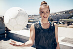 Happy, motivation and young soccer athlete with a football ready for a workout, match or exercise. Portrait of a teen girl smile in a sport uniform before fitness and school training outdoor in city