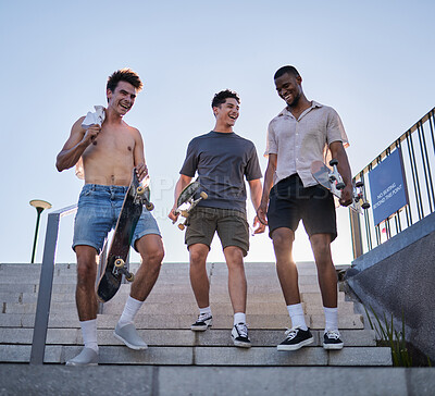 Buy stock photo Friends, city and walking with skateboard on steps, street or outdoors. Sports, skateboarding and group of skaters together after skating practice, fitness training or exercise workout in town.


