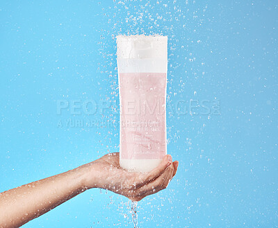 Buy stock photo Skincare, soap product and bottle for shower gel cleaning, wellness and body hygiene with water. Hand holding plastic container for with health and woman hands with liquid and sanitizer wash