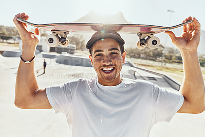 Buy stock photo Portrait, skateboard and skater man in city, street or skate park ready for skating practice. Exercise, skateboarding sports and happy male preparing for fitness workout or training in town outdoors.