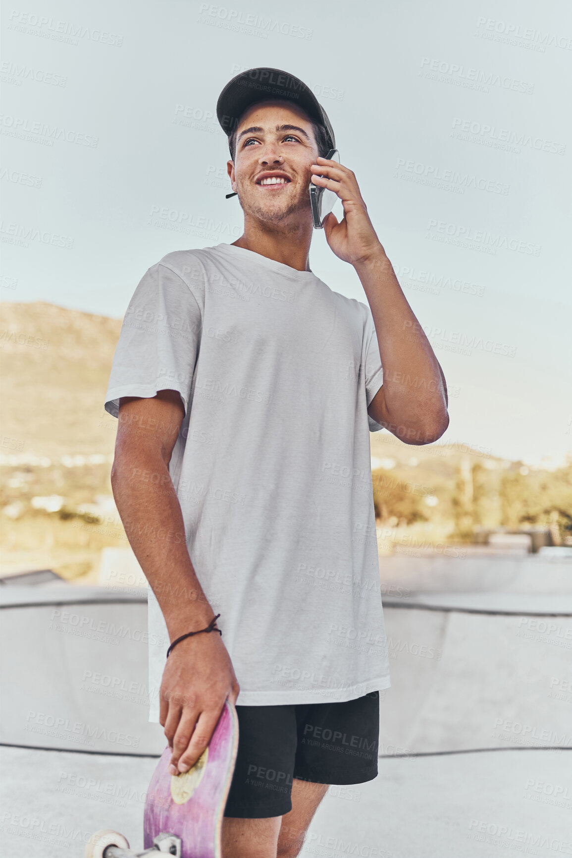 Buy stock photo Phone call communication, skateboard and man talking on 5g conversation, chat or discussion about skatepark fitness. Skate boy fashion, connection and athlete on mobile speaking about sports training