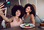 Black women, friends and phone selfie at restaurant, cafe or small business for social media. Relax, tech and females taking picture with mobile smartphone for happy memory or internet post.
