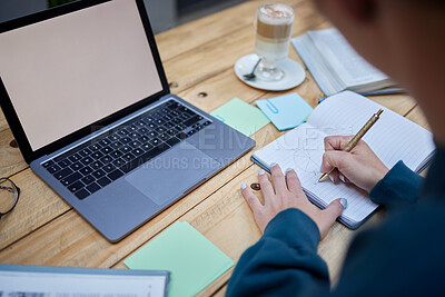 Buy stock photo Woman hands, writing and notebook at desk with planning, schedule and strategy for web design in office. Internet expert, book and laptop with mockup, screen or working at table for web developer job