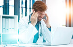 Doctor, headache and hospital computer of a healthcare man worker with stress about life insurance. Health consulting, anxiety and burnout of a employee with a 404 and laptop glitch data problem