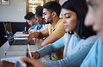 Students, diversity and laptop books in classroom, lesson and library study for education, research and learning. School group, college people and university technology on global scholarship campus