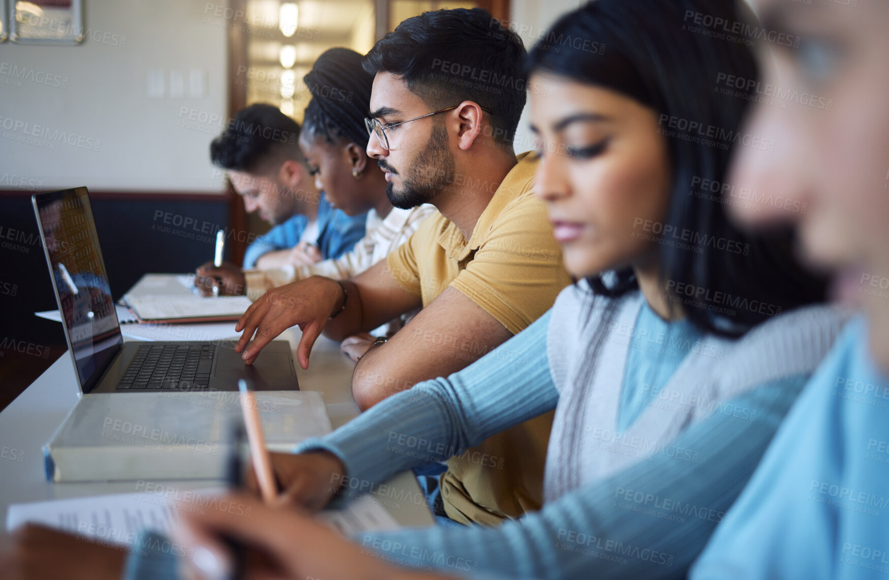 Buy stock photo Students, diversity and laptop books in classroom, lesson and library study for education, research and learning. School group, college people and university technology on global scholarship campus