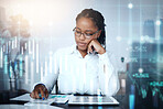 Hologram, black woman and tablet for finance, futuristic trading and investment. Digital, financial advisor and African American female with fintech, trader and budget growth for wealth and savings.