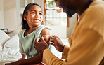 Injury, father and arm bandage for girl after accident in bedroom. First aid, black family and man apply plaster on wound of hurt or injured child for wellness, recovery and healthcare.