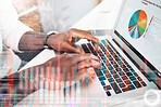 Stats, overlay and hands on a laptop for charts, work data or research results at a desk. Business, digital cgi and a businessman typing on a computer for investment results, data and analytics