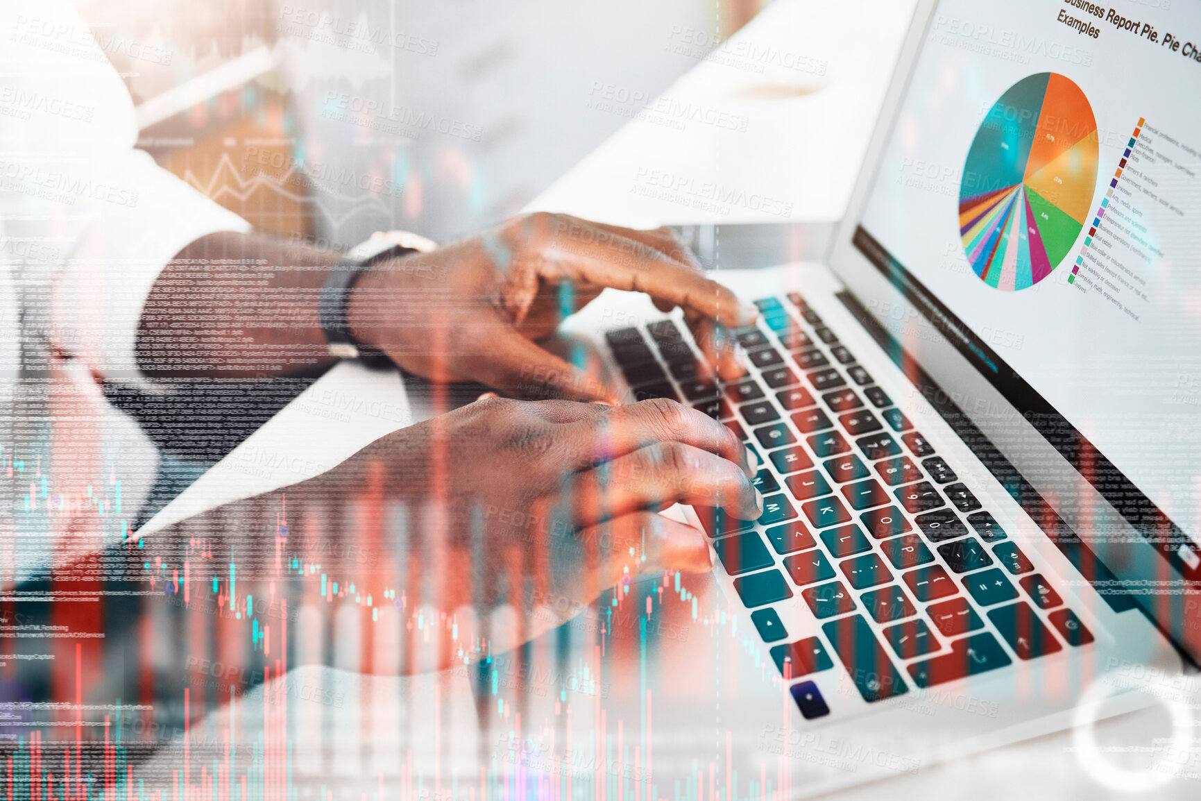 Buy stock photo Stats, overlay and hands on a laptop for charts, work data or research results at a desk. Business, digital cgi and a businessman typing on a computer for investment results, data and analytics