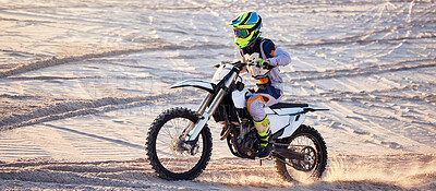 Buy stock photo Motorcycle, desert race and extreme sport expert with agile speed, power or balance in nature. Motorbike man, rally and sand on fast vehicle with helmet, safety clothes and motivation for motorsport