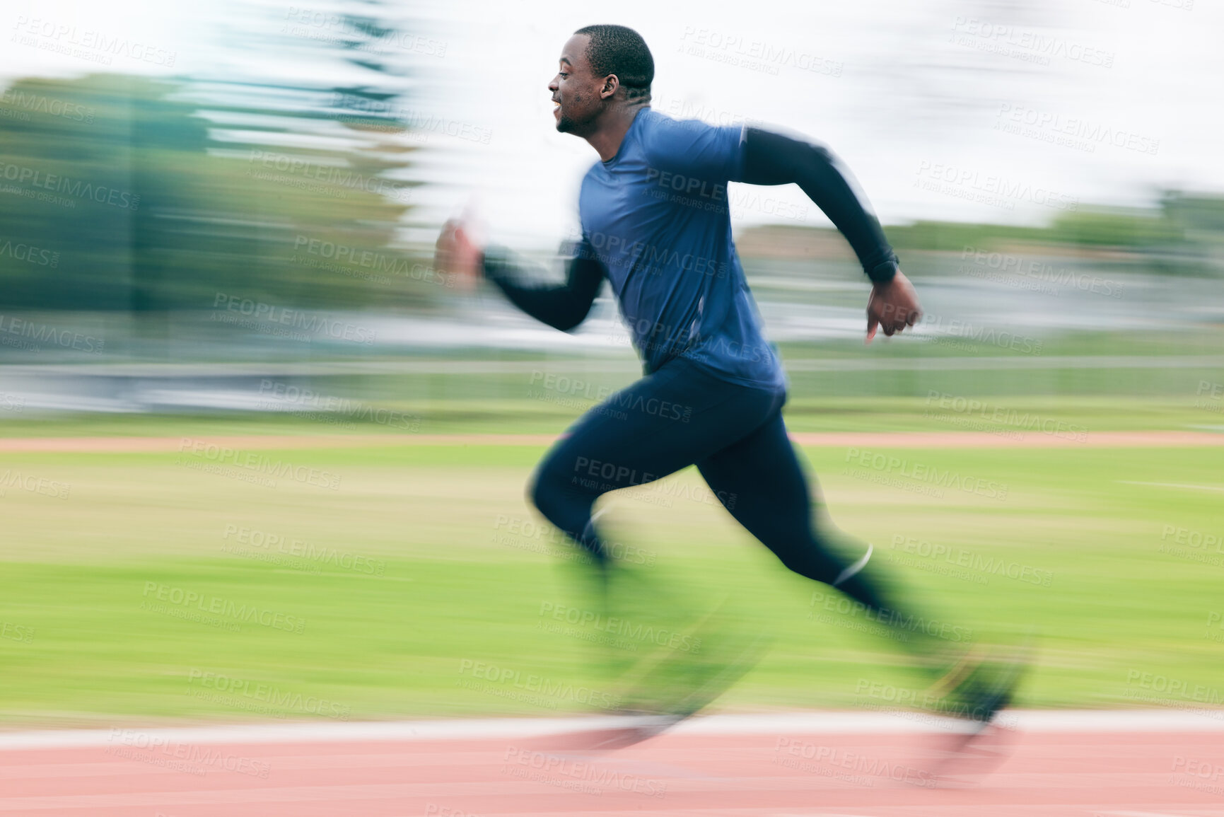 Buy stock photo Black man, running and athletics for sports training, competition or exercise on stadium track in the outdoors. African American male runner athlete in fitness, sport or run for practice workout