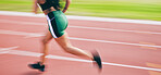 Black woman, running and legs in athletics for sports training, competition or exercise on stadium track outdoors. African American female runner athlete in fitness, sport or run for practice workout