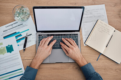 Buy stock photo Hands, laptop and green screen on mockup above for advertising, marketing or analytics at office desk. Hand of business person working on computer with mock up display for advertisement or online app