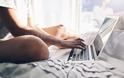 Buy stock photo Laptop, hands and typing in bed in bedroom for social, media or internet browsing in the morning. Digital technology, remote worker and woman working on project, writing email or research on computer