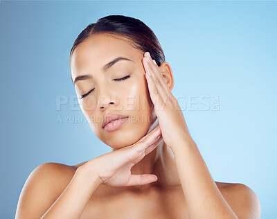 Buy stock photo Woman, face and eyes closed in studio for beauty, wellness spa and skincare glow of makeup salon. Calm model, facial and healthy aesthetic of laser dermatology, natural shine and transformation