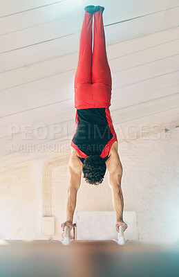 Buy stock photo Horse, gymnastics and fitness with a sports man training for competition event. Exercise, balance and games with a male athlete or gymnast in a studio or gym for competitive sport