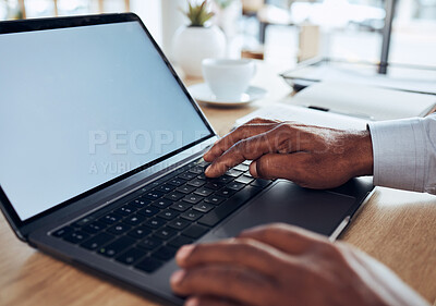 Buy stock photo Laptop mockup, man and hands on keyboard, marketing media space or planning data coming soon. Closeup worker, mock up computer screen and technology for research, seo or advertising placeholder