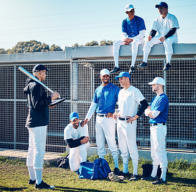 Buy stock photo Coaching, sports and baseball with men on field for training, learning and discussion. Solidarity, support and listening with group of people and practice for competition, pitch and community
