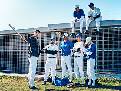 Buy stock photo Coaching, sports and teamwork with baseball player on field for training, learning and discussion. Solidarity, support and listening with group of people and practice for competition, pitch and goals