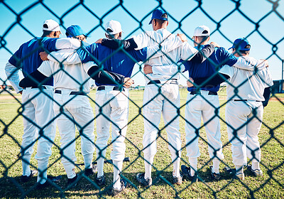 Buy stock photo Baseball, teamwork and back of men on field for competition, training and practice. Solidarity, support and fitness with group of friends playing in park stadium for sports, diversity and league game