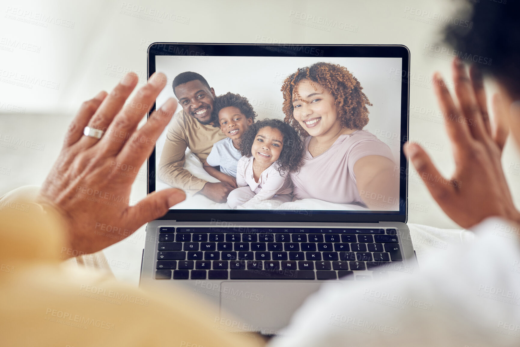 Buy stock photo Laptop screen, video call and family, communication and love, grandparents wave with parents and children. Hands, face and care with technology and people with virtual chat, wellbeing and generations