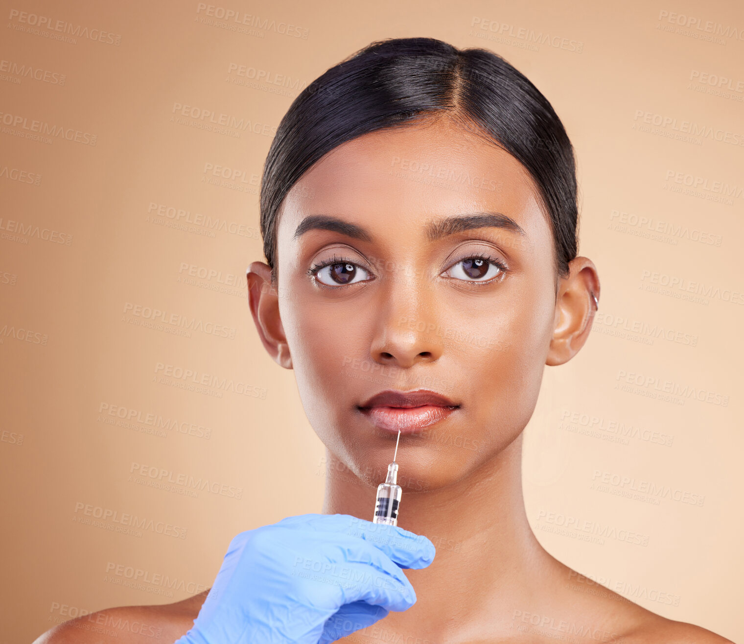 Buy stock photo Lip filler, beauty or portrait of Indian woman with injection for plastic surgery, cosmetics in studio. Skincare, dermatology or girl with needle in anti aging, face lift or facial treatment