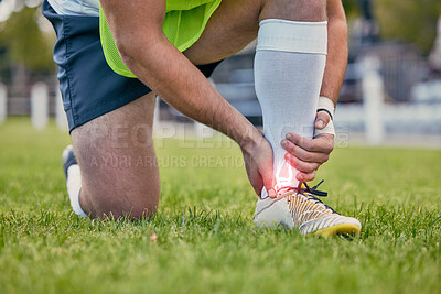 Buy stock photo Sports, foot pain and man with injury on field after practice match, training and game outdoors. Medical emergency, accident and rugby athlete with joint inflammation, x ray sprain and tendinitis