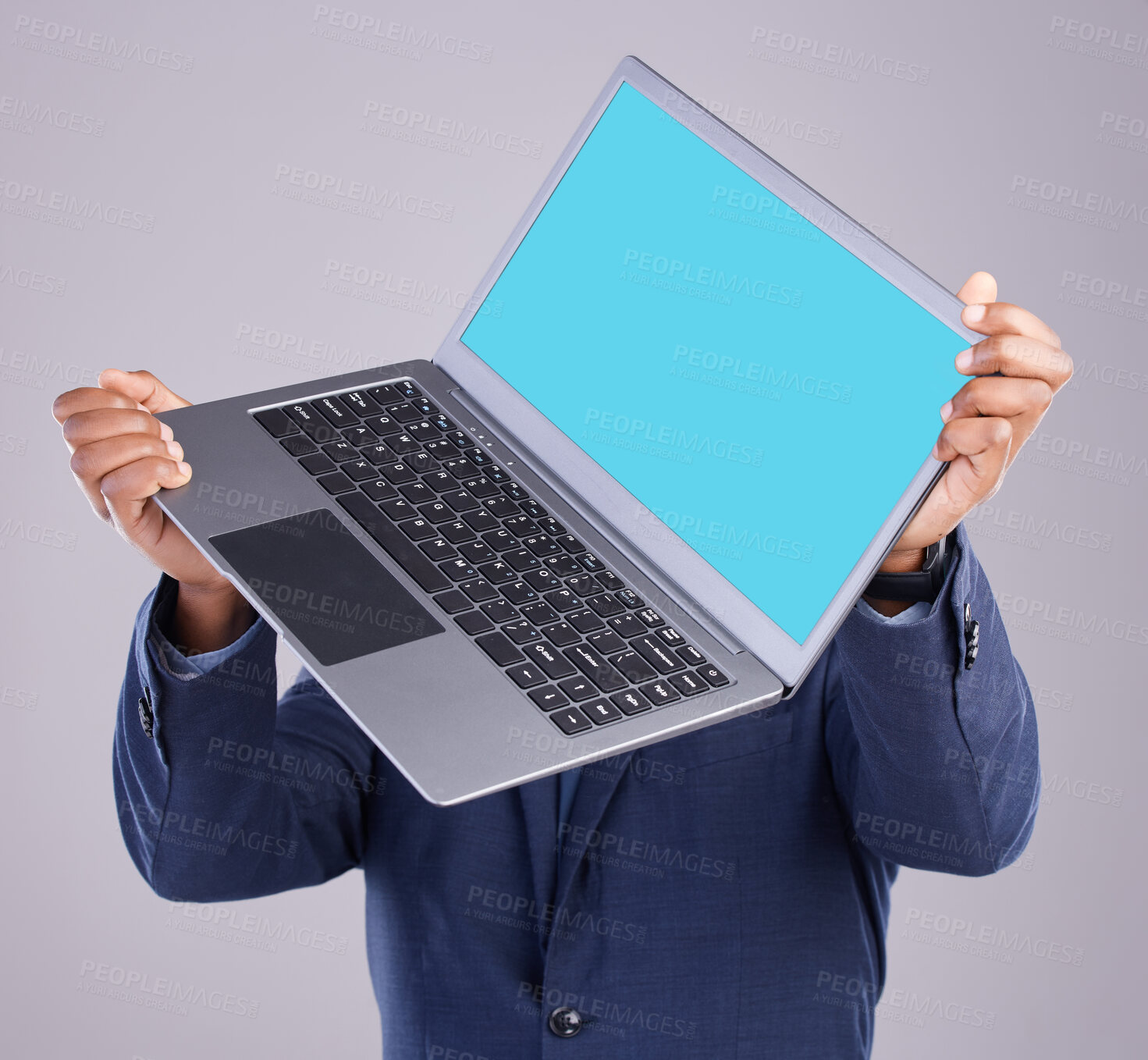 Buy stock photo Hands, laptop green screen and studio with man, mockup space or web design with suit by white background. African businessman, computer ux or blank for mock up, logo or corporate branding by backdrop