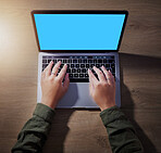 Top view, hands or laptop green screen for woman in night research, internet browsing or web design mockup in home office. Above, blue or mock up for working late person typing on technology branding