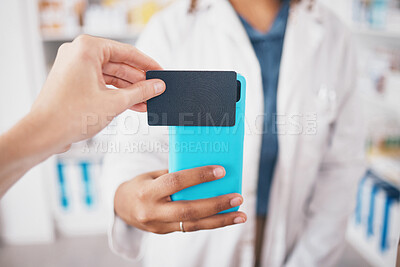 Buy stock photo Hands, pharmacy and credit card shopping with phone, payment and fintech for healthcare at store. Woman pharmacist, digital customer experience and ecommerce for medicine product at shop with pos