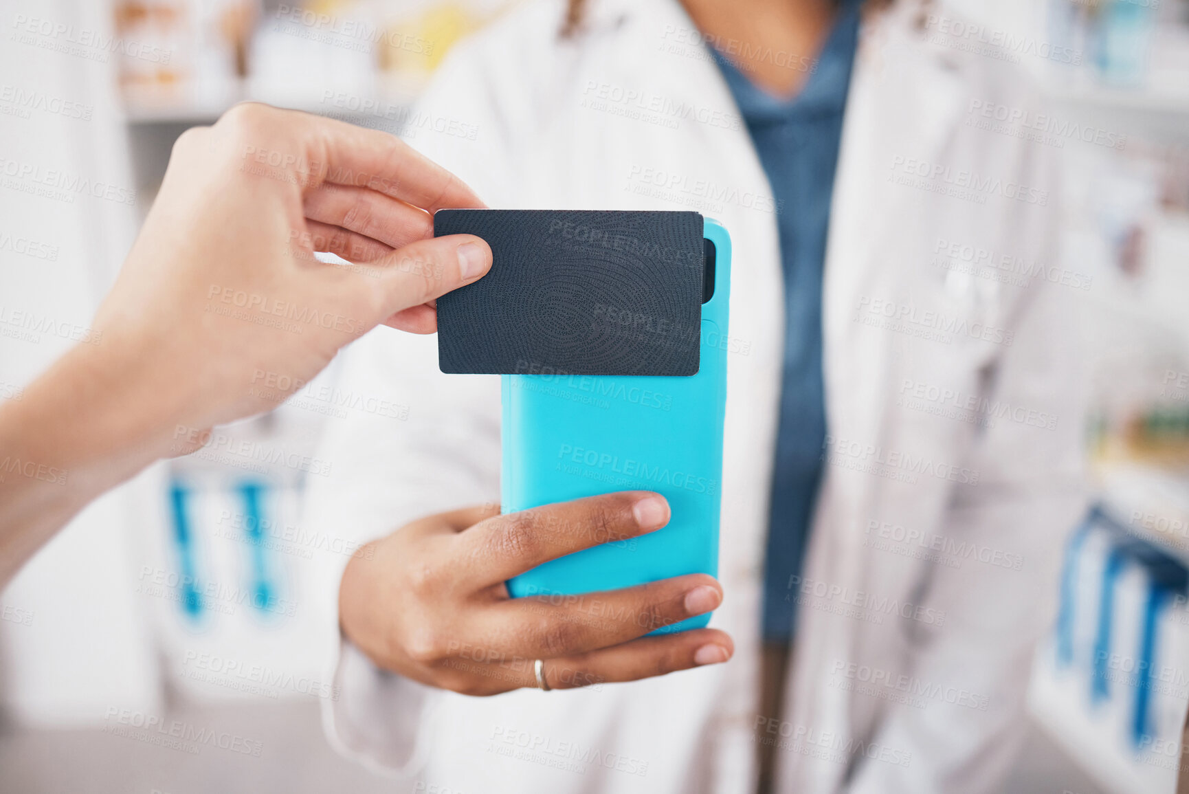 Buy stock photo Hands, pharmacy and credit card shopping with phone, payment and fintech for healthcare at store. Woman pharmacist, digital customer experience and ecommerce for medicine product at shop with pos