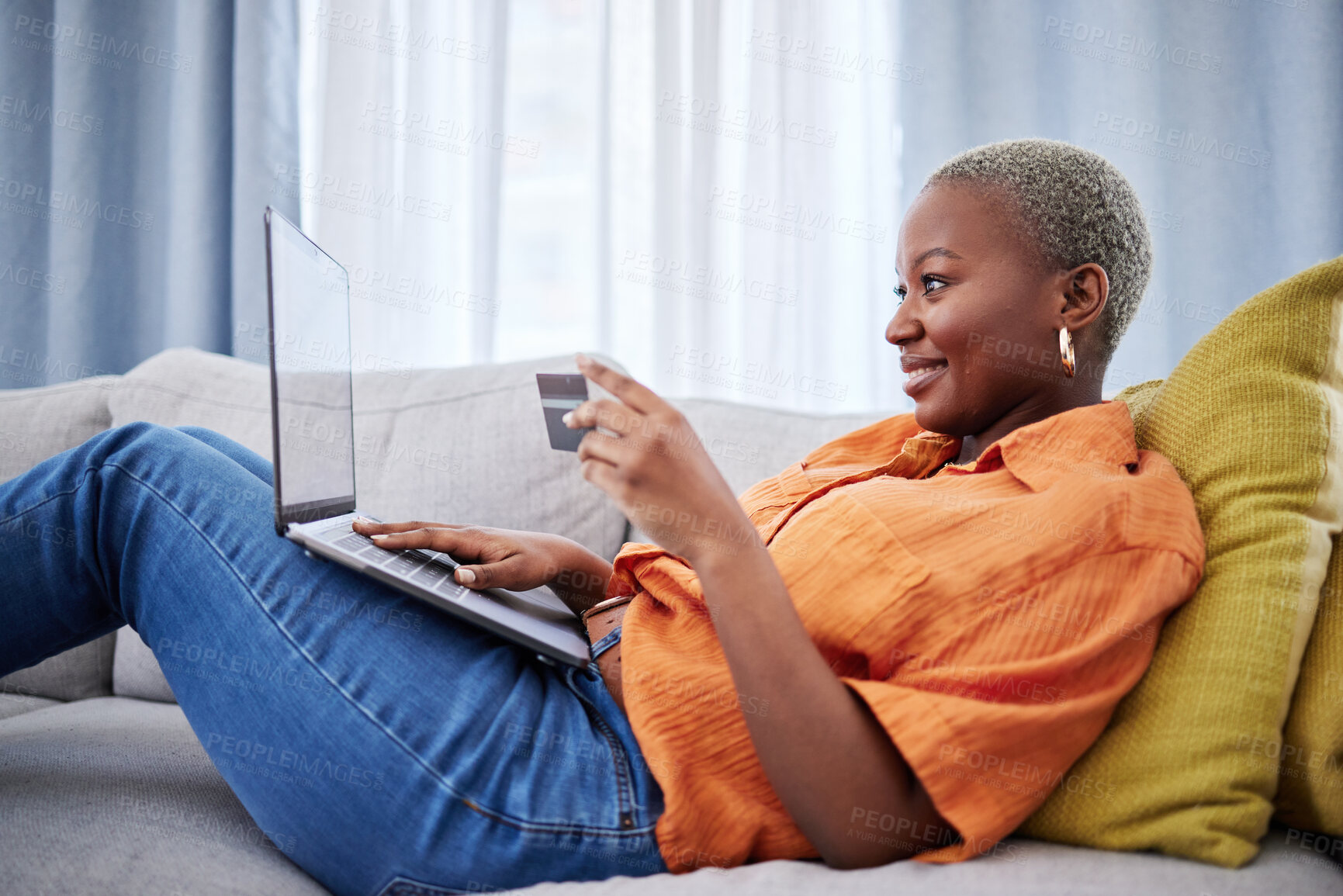 Buy stock photo Credit card, excited or black woman with laptop for payment on ecommerce website for investment. Happy, financial or African girl customer online shopping with money on internet or fintech at home