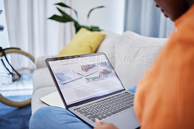 Buy stock photo Laptop screen, stock market and person on sofa in work from home opportunity, trading and entrepreneur search. Website, blog and people or trader on couch reading, learning or information on computer