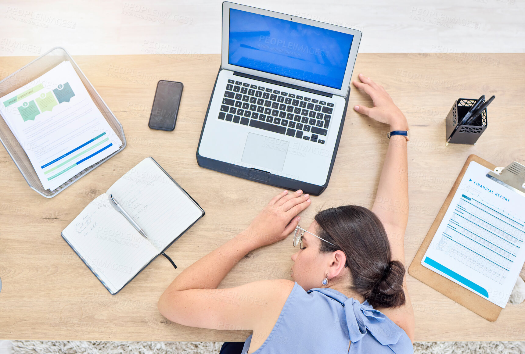 Buy stock photo Woman, sleeping on desk and tired employee in office with burnout, fatigue and top view of nap on workplace table. Business, person and working overtime or sleep from exhausted and low energy