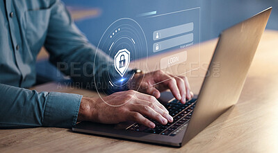 Buy stock photo Hands, developer on laptop and hologram for login, cyber security software or code. IT, typing and programmer with keyboard, lock overlay or cryptography for data safety, information technology or ui