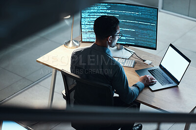 Buy stock photo Man, programmer and coding at night on laptop mockup screen for networking, malware or software at the office. Male person, coder or developer working late in computer display in problem solving