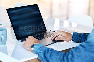 Buy stock photo Closeup, hands and business with a laptop, seo and internet connection with network, icons and data protection. Male person, web designer and employee with a pc, typing and digital software update