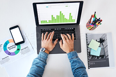 Buy stock photo Laptop, statistics and person working on market research, strategy or planning for business, startup or data analysis of company. Typing, computer and businessman with chart, graphs and information