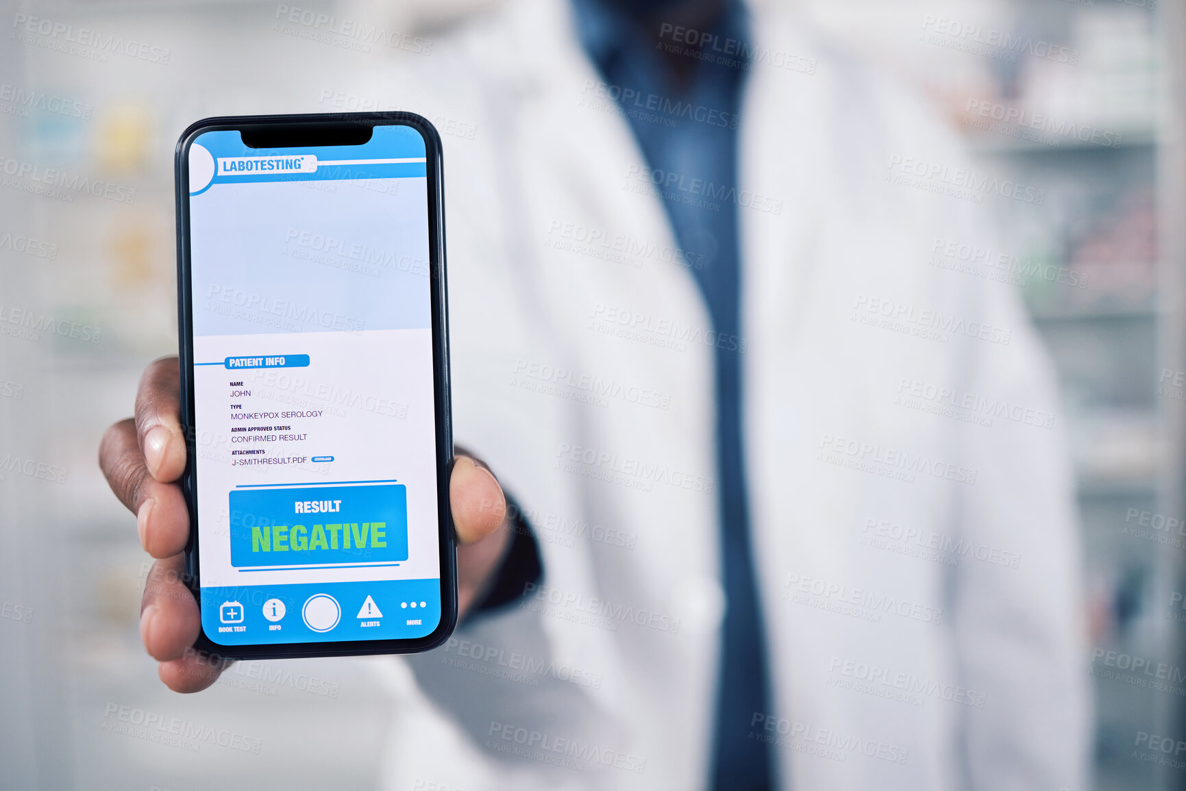 Buy stock photo Doctor, hands and phone with QR code in healthcare results, advertising or screening at pharmacy. Closeup of person, pharmacist or medical expert and mobile smartphone app, monkeypox or negative test