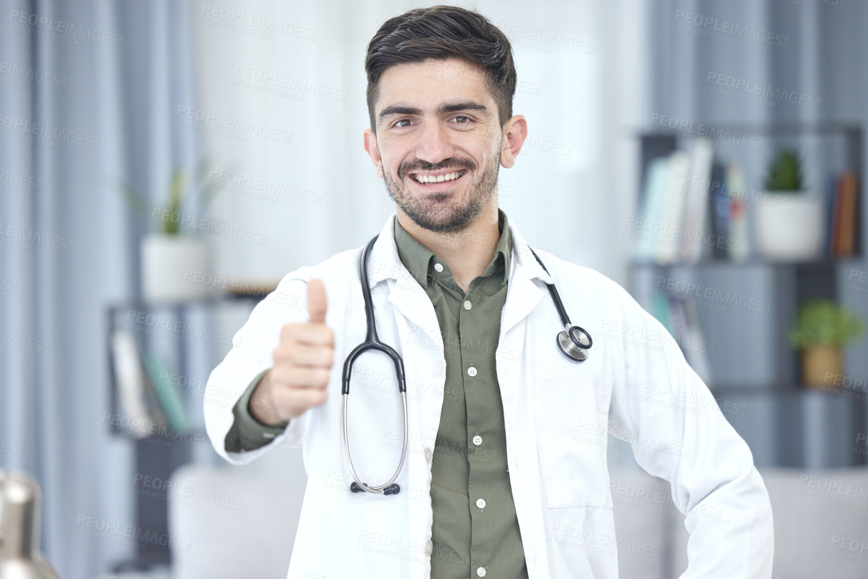 Buy stock photo Thumbs up, portrait and doctor or man in healthcare support, thank you or excellence of hospital services. Medical professional or Saudi Arabia person like, yes and ok hand or emoji in clinic success