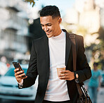 Selfie, phone screen and business man in city for social media, profile picture and online post. Travel, professional and face of male worker with hand gesture excited for career, job and success