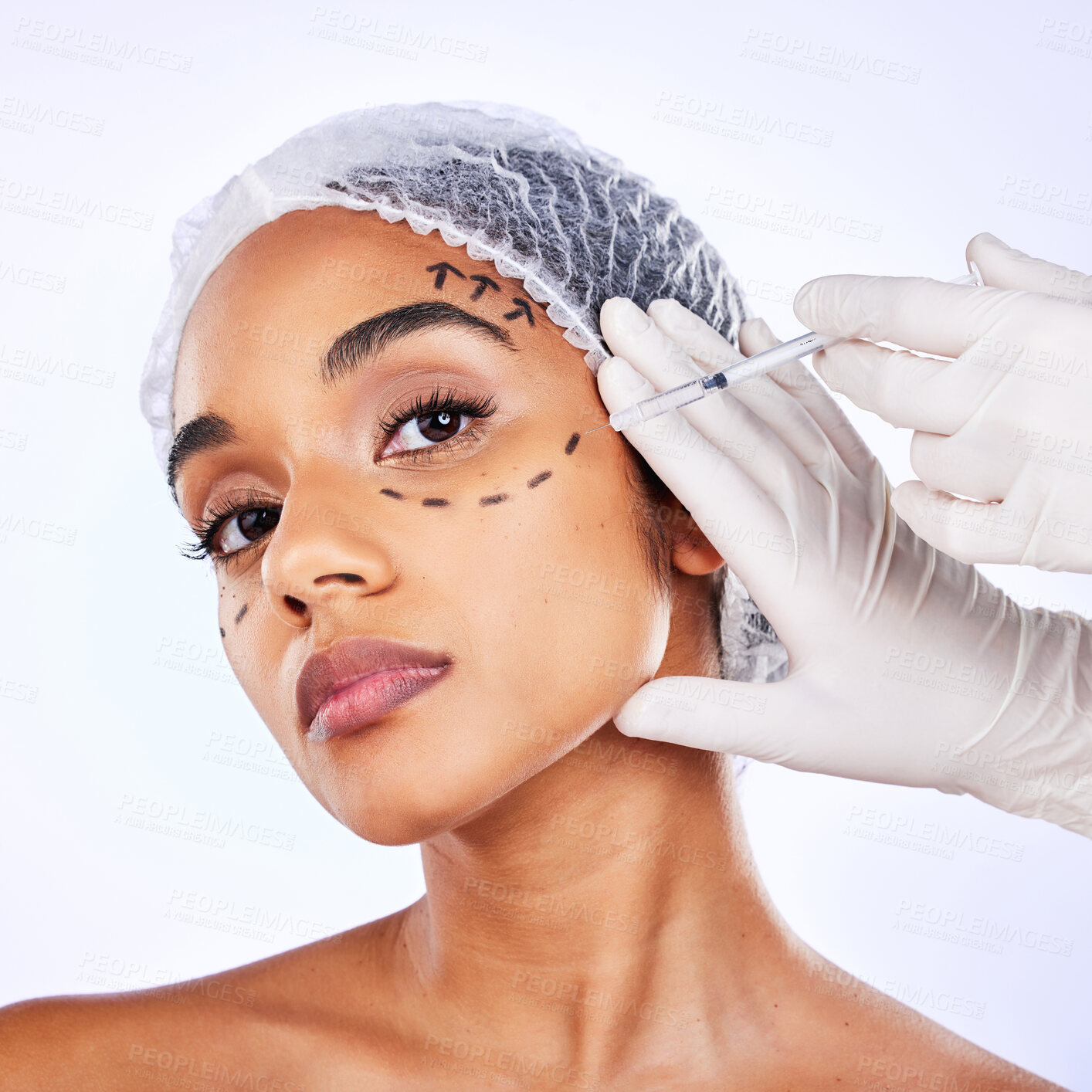 Buy stock photo Plastic surgery, collagen and injection with portrait of woman in studio for hyaluronic acid, skincare and beauty. Spa, medical and cosmetics with face of model on white background for facial fillers