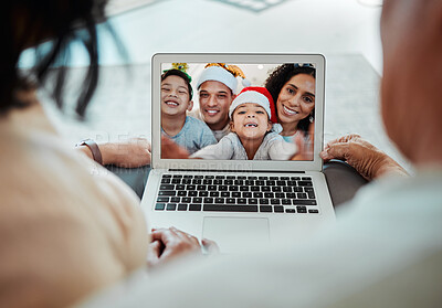 Buy stock photo Christmas, family and video call on laptop in portrait, happy and communication. Xmas, computer and kids with parents in online chat for celebration of holiday in virtual webinar with face of couple