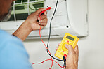 Multimeter, electrician and test for power, electricity or energy inspection on electrical box, system and voltage tools. Technician, engineer or handyman to measure current, supply or maintenance