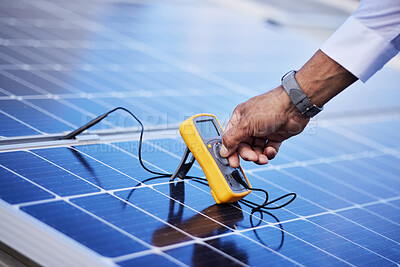 Buy stock photo Solar panels, multimeter test and hands of technician check power, engineering and maintenance. Closeup of electrician, tools and inspection of energy saving electricity, photovoltaic system and grid