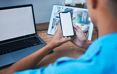 Buy stock photo Security guard man, cctv and control room with phone, laptop or mockup space for surveillance. Safety officer, protection app or smartphone with screen, tablet or promo for system, logo or automation