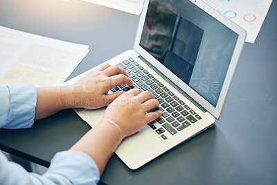 Buy stock photo Laptop, hands and closeup of businesswoman typing working on company website development. Technology, online and professional female web designer doing research on computer for startup in workplace.