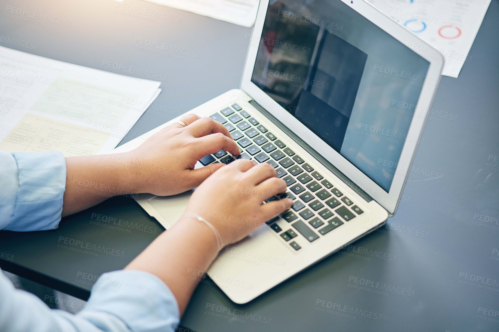 Buy stock photo Laptop, hands and closeup of businesswoman typing working on company website development. Technology, online and professional female web designer doing research on computer for startup in workplace.