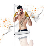 Tablet, fitness app and portrait of a fighter man on screen in studio isolated on a white background for virtual training. Sports, exercise and workout for self defense with an athlete on a display